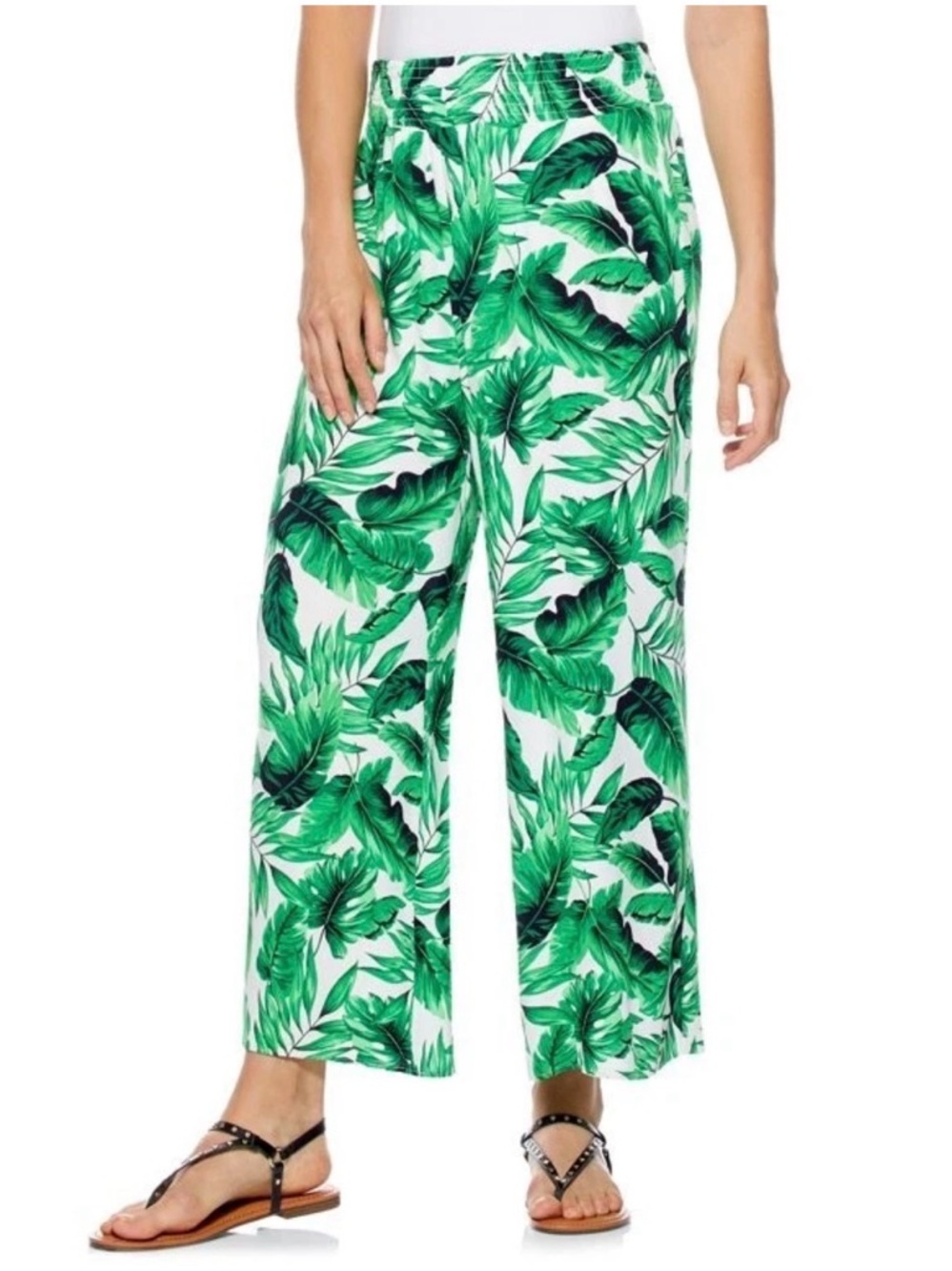 Scoop Green Tropical Leaf Wide-Leg Pants Smocked Elastic Waist Sz XXL (B6)